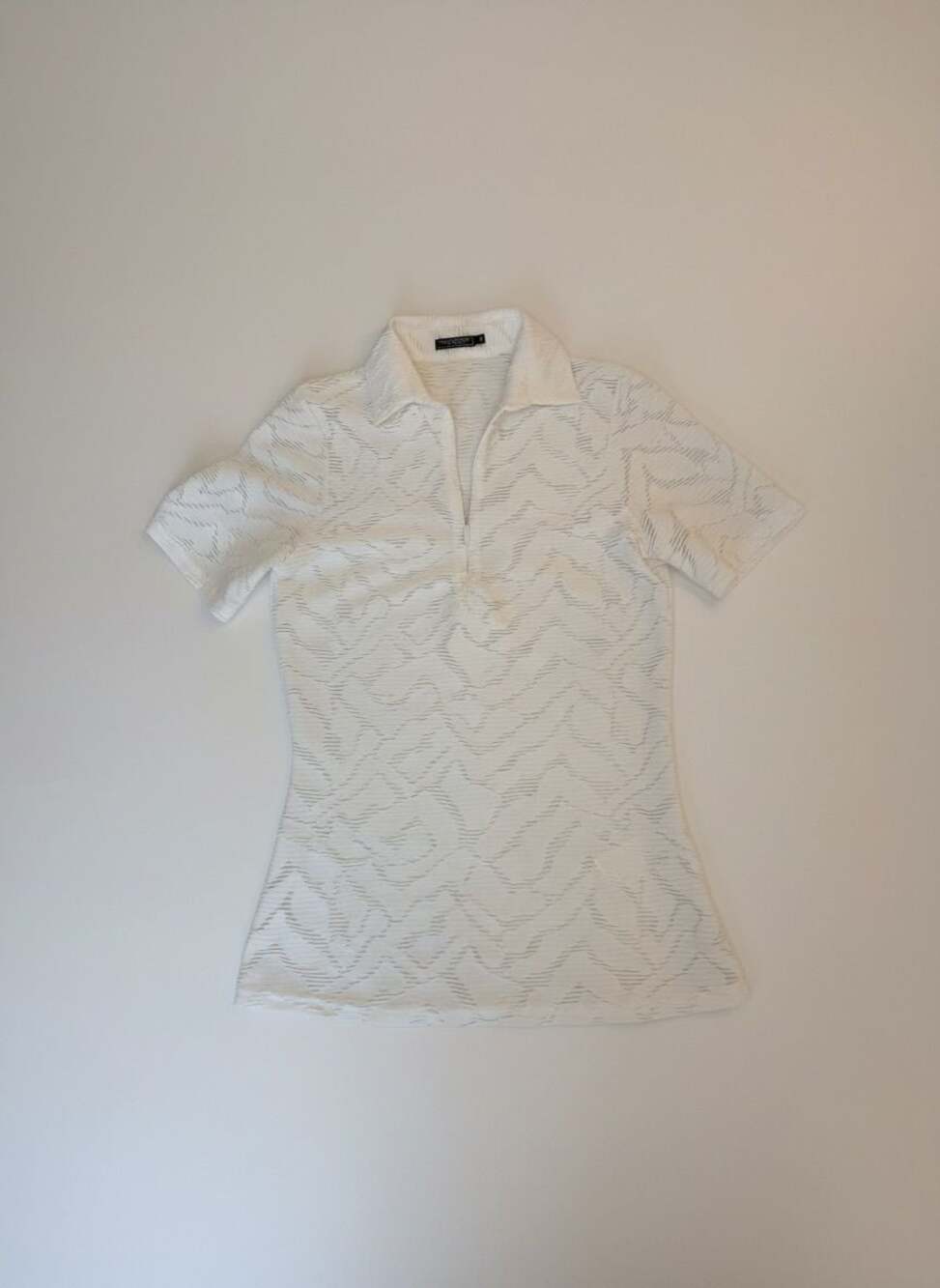 Anne Fontaine White Textured Zip Polo Top Size XS Designer Stretch Blouse